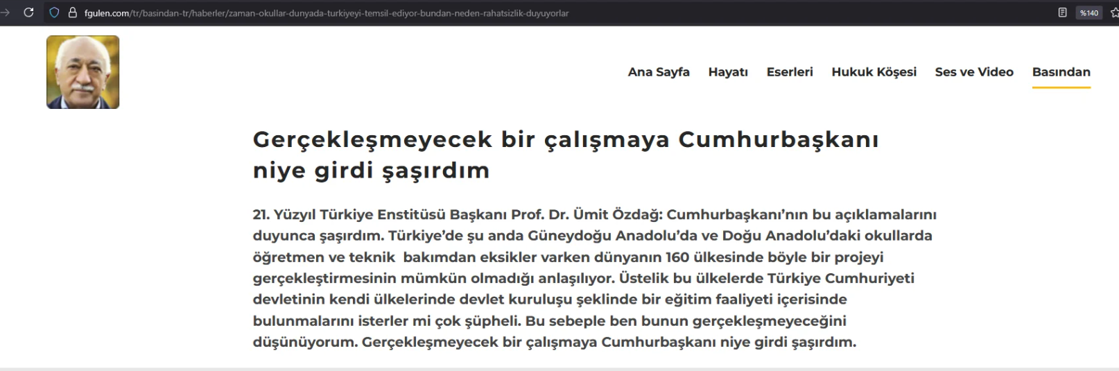Fethullah Gülen sitesinde yayımlanan Ümit Özdağ açıklaması